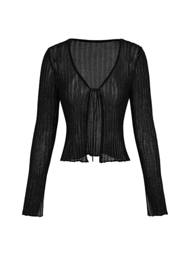 CIDER Cardigans for Women Trendy Bow Tie Front V Neck Long Sleeve Lightweight Shrug Sweater Ribbed Knit Crochet Cardigans