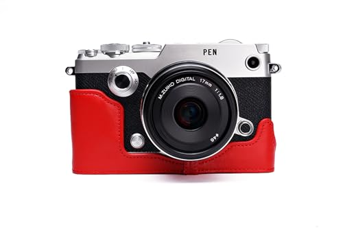 Demi-coque Olympus PEN-F rouge cuir véritable fait main cadeau photographe