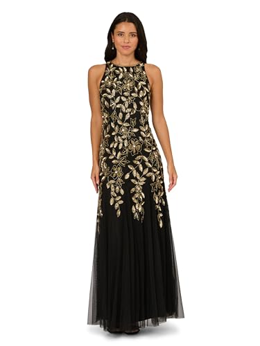 Adrianna Papell Women's Halter Bead Godet Dress, Black/Gold, 10