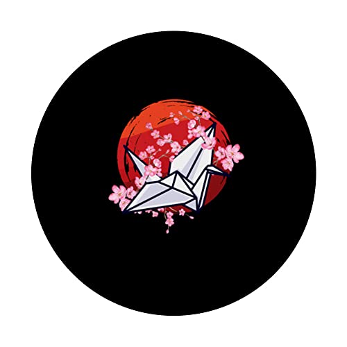 Japan Zen Circle Cherry Blossom Origami Paper Crane Japanese PopSockets Swappable PopGrip, Black - Image 3