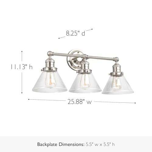 Image of Design House Augustin Vanity Light, 3-Light, Seeded Glass Warm Glow, Dimmable, Up /Down Glow, Easy Installation, E26 Socket, Satin Nickel, 25.9 in L x 8.3 in D x 11.1 in H, 589036-SN