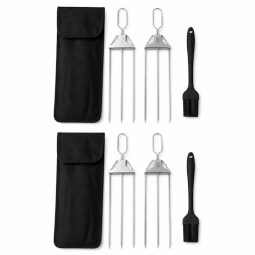 4pcs3 Prong Stainless Steel BBQ Skewers Yuirote Reusable 3 Way Grilling Skewers with Push-Off Design Heavy Duty Metal Kabob Skewer Sticks for Outdoor Barbecue Cooking Accessories