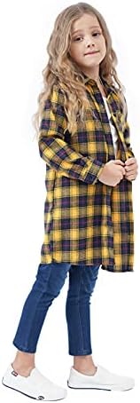 Girls Flannel Shirt Long Sleeve Girls Western Shirt Toddler Plaid Dress Girls Button Down Shirt Yellow Plaid Shirt for Girls 6-7Y