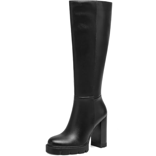 AIUNIIND Platform Knee High Black Boots Women Chunky Block High Heel Boots for Women Tall Long Gogo Boot with Side Zipper 8.5