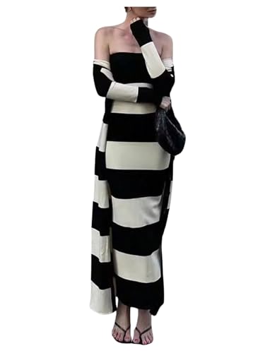 WDIRARA Women's Colorblock Striped 2 Piece Dress Outfits Bodycon Tube