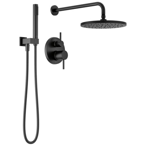Image of Delta Modern 14 Series Round Rain Shower System Faucet Set, Rainfall Matte Black Shower Head and Handle Set, Valve Trim Kit, 10 Inch, Matte Black T342702-BL (Valve Not Included)