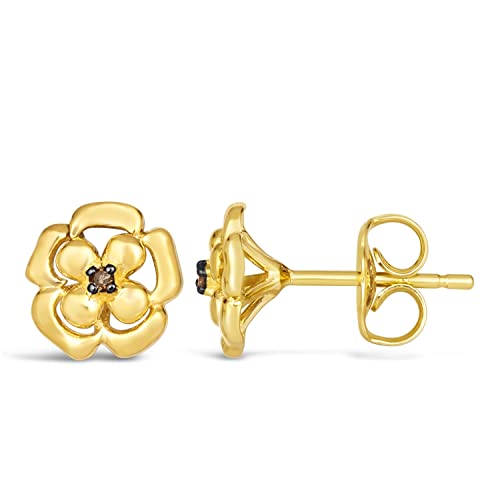 LE VIAN Chocolate Diamond Flower Stud Earrings for Women in 14k Yellow Gold (Brown Diamond, 0.01 cttw) Push Back Studs2