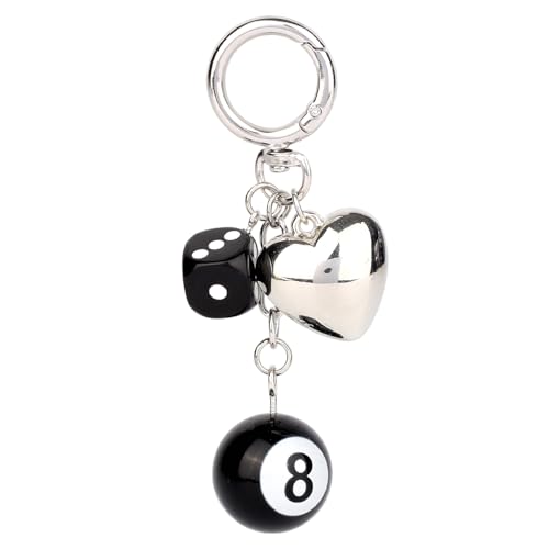 BOXOB Llavero de Bola 8, Llavero Bola de Billar con Correa Transparente para el Teléfono Dados y Corazón Plateado Bonito Colgante para Bolso Mochila Monedero Decoración del Teléfono