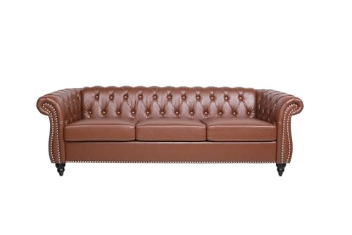 Image of WOODEN WORLD Modern & Classic Leather Sofa Set - Luxurious Comfort, Stylish Design, and Durable Build (Brown, 3 Seater)