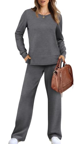 Image of WIHOLL Women's 2 Piece Lounge Sets Sweatshirt Casual Travel Outfits Fashion Wide Leg Tracksuit Cozy Sweatsuits