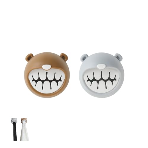 MayFancy Adorable Bear Adhesive Hooks 2pcs - No Drill Child-Safe Towel Rack, Space-Saving Wall Mount for Bathroom, Kitchen & Nursery, Cute Animal Design with Secure Hold (Gray & Brown)