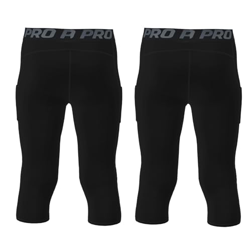 YUSHOW Boys Compression Pants 3/4 Length with Pocket Quick Dry Basketball Tights Boys Leggings for Athletic Running Sports2