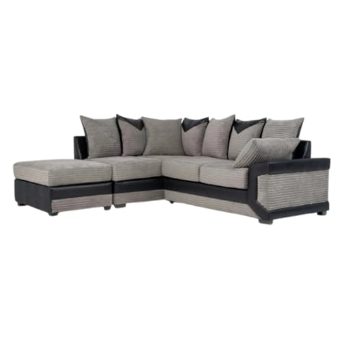 Grey Scatterback Settees - L Shaped Corner Settees - Elegant Leather & Cord Sofas - Comfy Black Grey Sofa With Footstool - Left Right Hand Facing Couch For Living Room Indoors (Left Hand sofa)