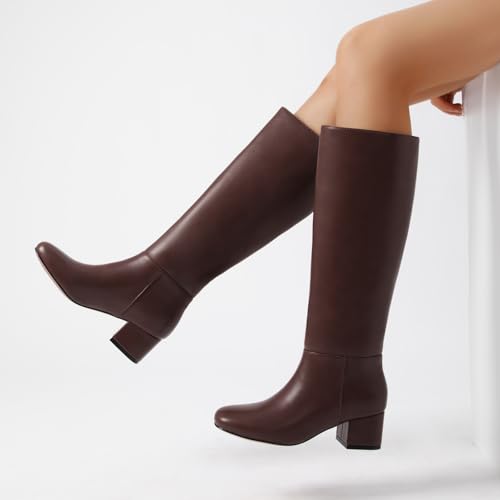 Athlefit Brown Knee High Boots for Women Chunky Low Heel Tall Boots Round Toe Fashion Pull On Booties Size 9.5 — view 2
