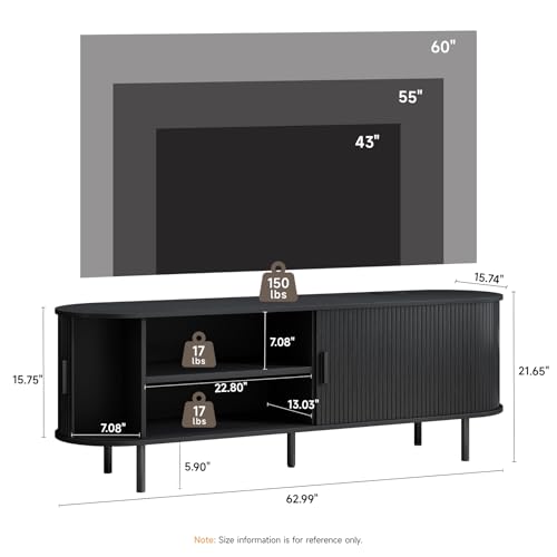 Image of 63 inch TV Stand with Power Outlet, Modern Media Console with Sliding Doors, Entertainment Center for TVs up to 60 Inch, Adjustable Shelves, Black