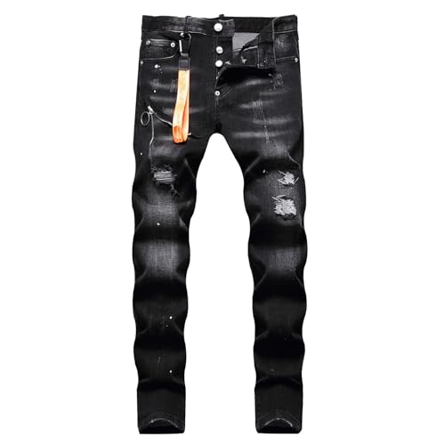Vaqueros Hombre con Pintura de Puntos y Cremalleras Decorativas Estilo Grunge y con Rotos(Black, 48)