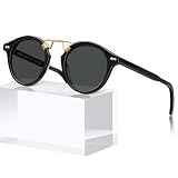 CARFIA Black Double Bridge Acetate Polarized Sunglasses for Men UV Protection, Retro Cool Male Eyewear Metal Brow Round Shade
