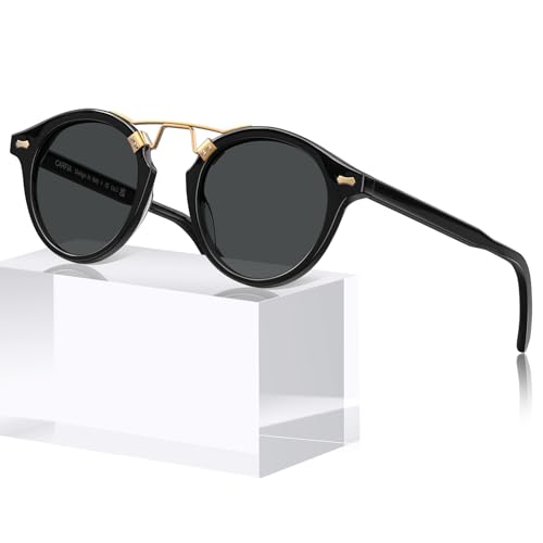 Image of CARFIA Small Face Acetate Polarized Sunglasses for Women UV Protection, Retro Double Bridge Eyewears Metal Brow Round Sunnies