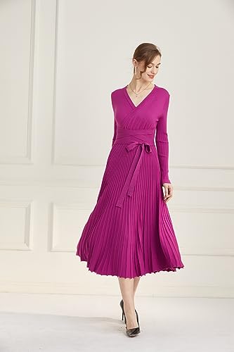 Image of Women's Long Knit Crewneck Sweater Dress Tie Waist A-Line Swing Pleated Bodycon