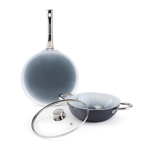 Image of Wonderchef Eco-Glide Ceramic Cookware Set, Kadhai & Glass Lid-24cm, Dosa Tawa-28cm, Non-Toxic, Chemical & PFOA Free, Stainless-Steel Handle, Gas /Induction Compatible, Low Oil Cooking, 2-Year Warranty