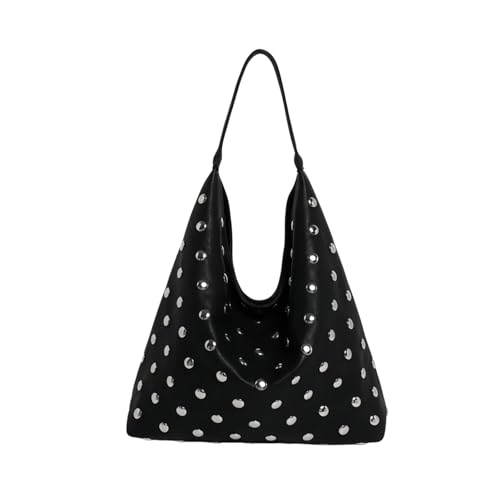 Womens Studded Hobo Bag Soft Vegan Leather Slouchy Shoulder Tote Y2K Punk Rivet Handbag (black)