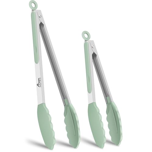 HOTEC Premium 7 & 9 Inch Kitchen Tongs, Stainless Steel Locking Cooking Tongs with Silicone Tips, Non-Scratch & Heat Resistant, Serving Tongs for Salad, BBQ, Light Green, Set of 2