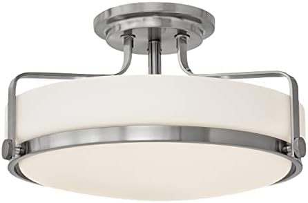 Hinkley Harper 3643BN Large Semi-Flush Ceiling Light, Sleek, Retro Style, Brushed Nickel and Etched Opal Glass
