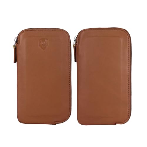 ALLEN & MATE Genuine Leather Phone Pouch, Zip iPhone Sleeve & Card Holder | Premium Leather, Zip Closure, Fits Devices 6.5in Tall with Case On, 2 ID Slots, Note Pocket, Gift Boxed Tan