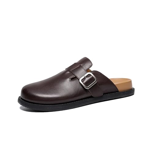 Women's Cow Leather Slippers - Solid Color Round Toe Buckle Strap Flats