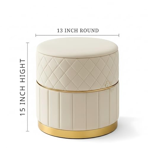 Image of Set of 2 Round Velvet Ottoman Footstool Gold Base - Tufted Upholstered Pouffe Stool for Living Room, Bedroom & Dressing Area (Cream)