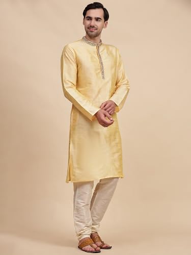 Image of Amazon Brand - Anarva Men's Art Silk Kurta Pajama Set with Embroidered Collar | Traditional Indian Ethnic Wear Long Sleeve Straight Kurta with Churidar Pajama