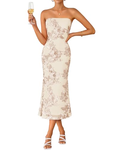 ZESICA Cocktail Wedding Guest Dresses for Women 2026 Summer Strapless Floral Bodycon Mesh Tube Formal Party Midi Dress Almond Large