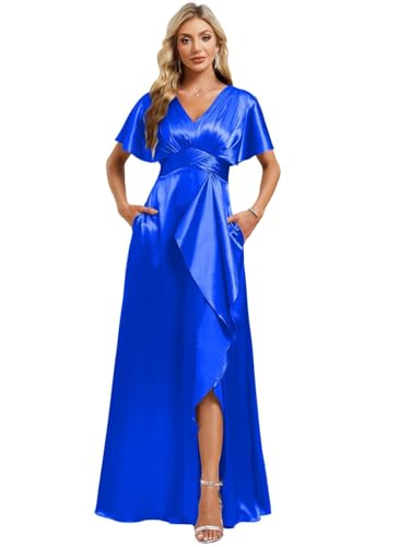 Image of Elegant Satin Bridesmaid Dress with Sleeves Ruffles High Silt Formal Dresses Long for Women Fall DIN022