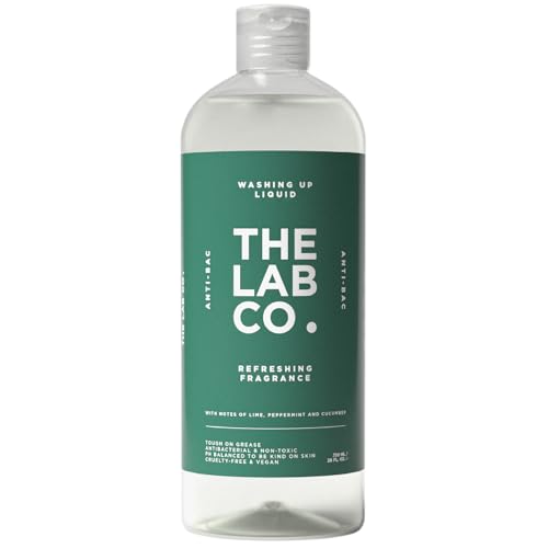 The Lab Co. Antibacterial Washing Up Dishwashing Liquid | Tough on Grease Dish Soap | Gentle on Hands | Non-Toxic, EDC-Free, Plant-Based Formula | 750ml | Refreshing Scent Lime Peppermint & Cucumber