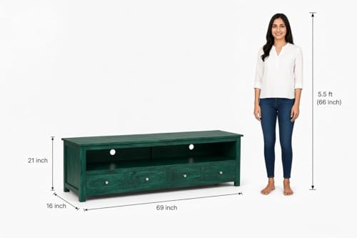 Image of Sheesham Solid Wood TV Cabinet for Living Room | Handcrafted Wooden TV Unit with Storage | Elegant Entertainment Stand for Modern Homes (4 Drawer Tv Cabinet, Rustid Green)