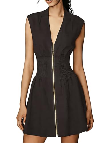 Image of Women's V Neck Summer Dress Cap Sleeve Zipper Mini Dress Smocked Slit Dress with Pockets
