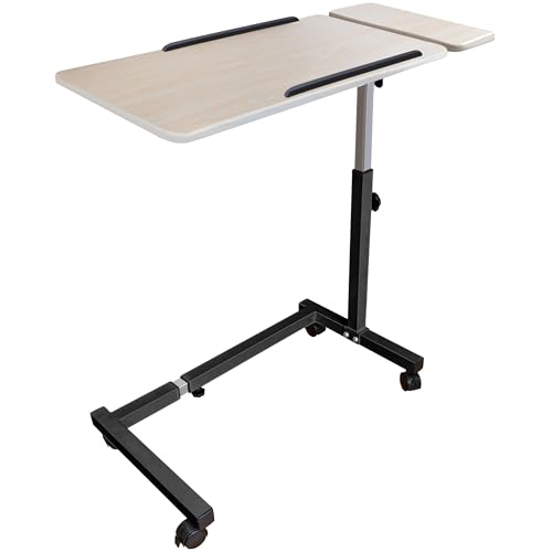 Sigmade Recliner Table, Over the Bed Table with Wheels, Adjustable Width & Height, with Split Tilt Design & 4 Caster Wheels with Brakes (Beechwood Tabletop, Black Base)