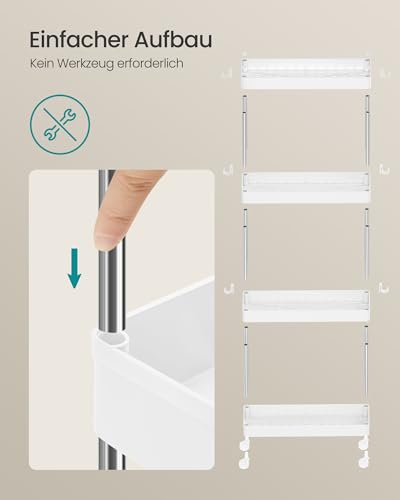 Foto von SONGMICS Rollwagen, Küchenwagen, Küchenregal, Nischenregal, mit 6 Haken, 360° drehbare Räder, Stahlgestell, Bad, Küche, Büro, 4 Ebenen, weiß KSC08WT