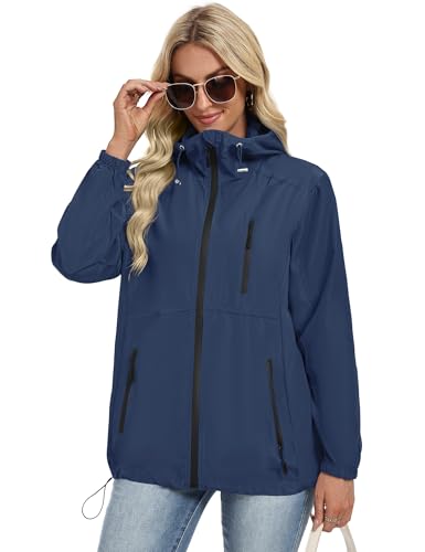 Avoogue Waterproof Rain Jacket Women Light Rain Jacket Women Lightweight Windbreaker Outdoor Jackets Navy Blue S