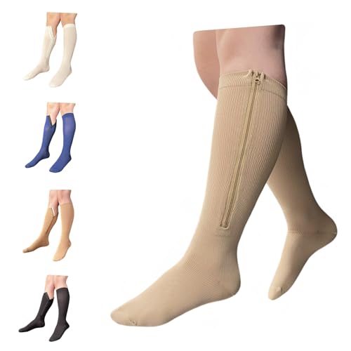 Image of 8-15 mmHg Compression Grade 0 Calf Inside Leg Zipper Closed Toe Socks (Tan, 2X-Large)