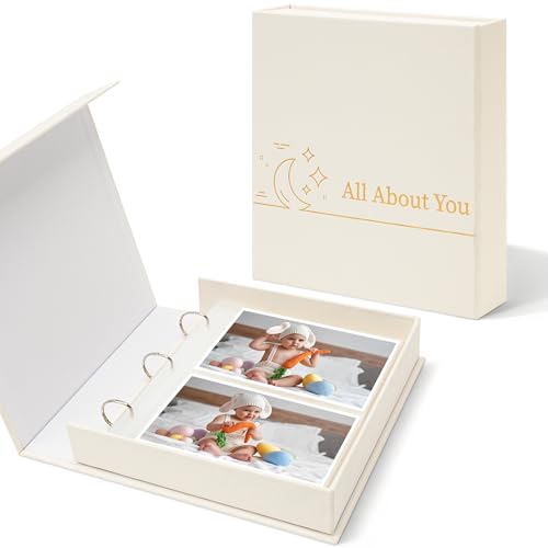 Image of Hiwhy 4x6 Photo Storage Box with 3-Ring Slip-In Binder Album, Linen Organizer with Gold Foil Cover, Holds 210 Photos for Travel, Wedding & Memory Keeping, Beige