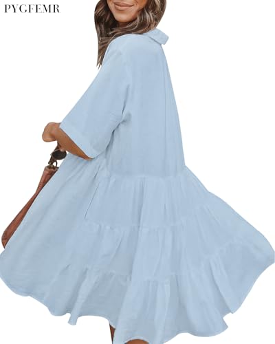 Image of PYGFEMR Women's Short Sleeve Babydoll Dress Button Down Dresses with Pockets