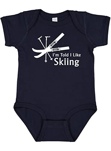 Image of Rocket Bug I'm Told I Like Skiing Silhouette Bodysuit, Flatlock Seam Ski Graphic, Short Sleeve, Newborn Baby Girl & Boy Gift