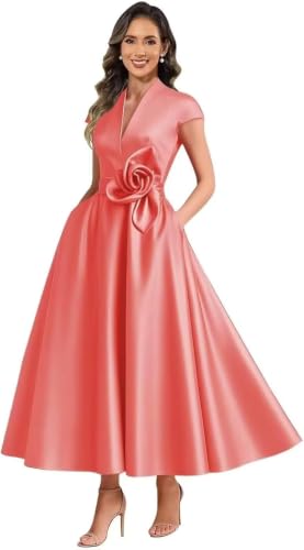 Women's 3D Flower Mother Bride Dresses for Girls Coral V-Neck Satin Corset Cap Sleeves Formal Wedding Guest Dresses with Pockets US14