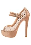 onlymakerheels Women's Platform Sandals Mesh Ankle Strap Stiletto High Heels Open Toe Peep Toe Nude Size9
