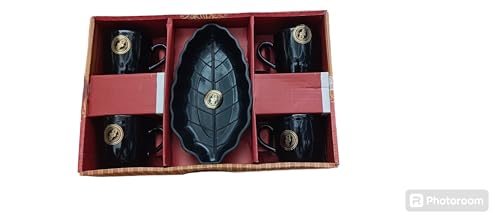 Image of Ceramic Leaf Tray Cup Set | 4 Black Cup Set