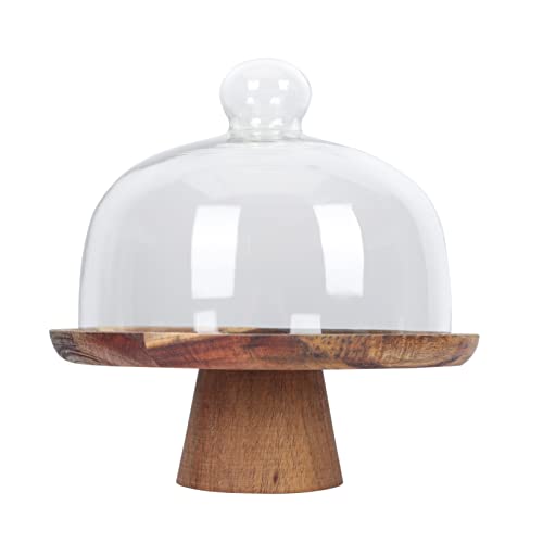 Cabilock Bandeja Para Servir Pasteles De Madera Acacia Pequeña Con Tapa De Cristal, Soporte Elevado Para Postres, Adecuado Para Eventos y Hogar, Set Con Bandeja y Cubierta Protectora