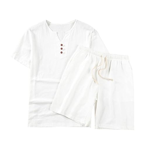 Men's Cotton Linen Plus Size Summer Tracksuits Sets 2 Piece Comfy Fitted Short Sleeve Henley Shirts and Shorts Beach