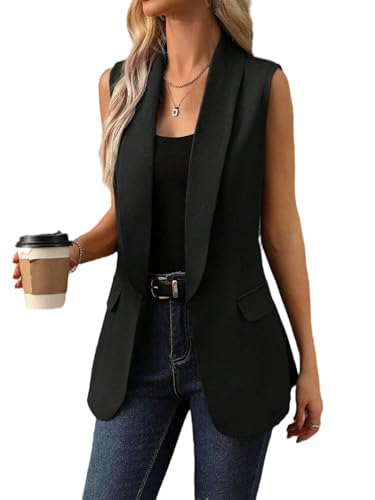 Top de Chaleco para Mujer, Chaqueta de Traje de Solapa con Chaleco Elegante sin Mangas Europeo y Americano para Mujer - Negro - L