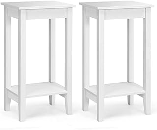 COSTWAY Bedside Table Set of 2, Wooden Narrow Nightstand Sofa Side Table with 2-Tier Storage Shelves, Slim Tall Telephone Table End Accent Tea Desk for Living Room and Bedroom, 40x30x74cm (White)